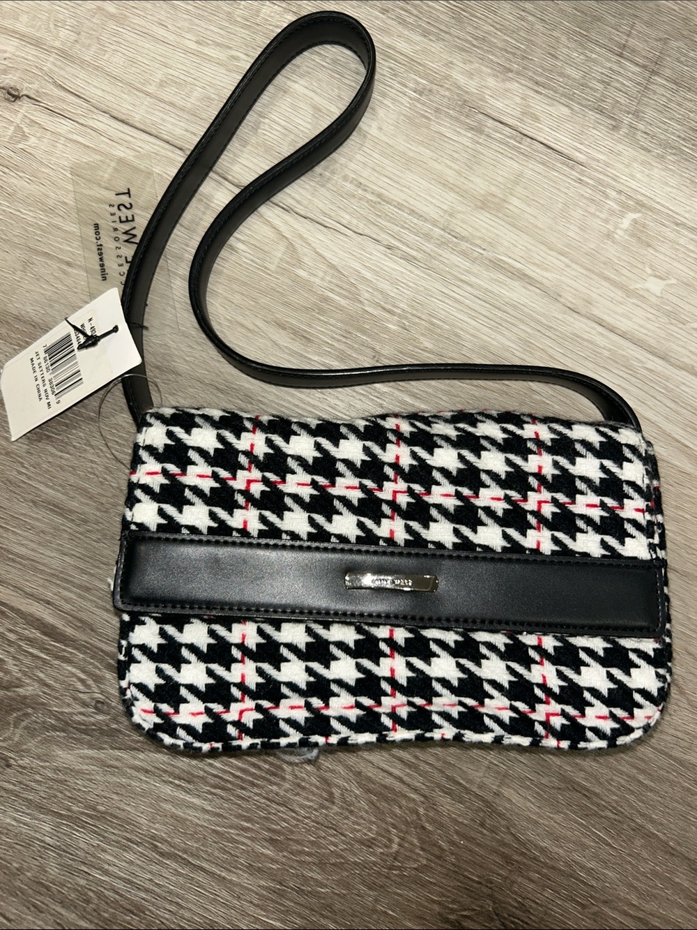 Nine West Black & White Houndstooth Crossbody with Red Stitching